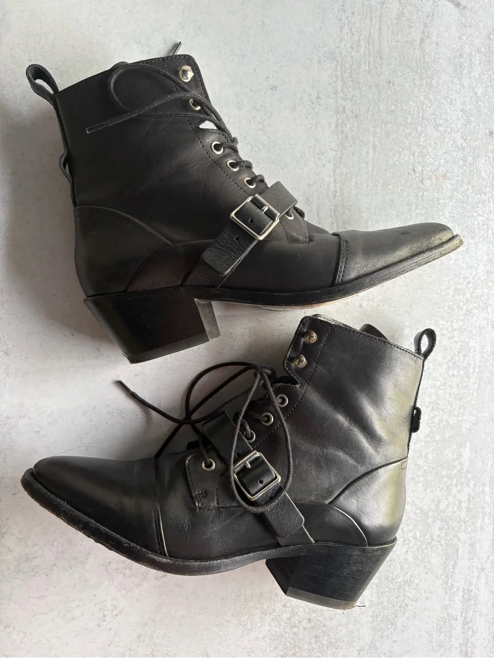 AllSaints Katy Black Leather Lace Up Buckle Strap Ankle Boot Black EU 38 US 7.5